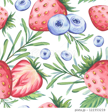 Seamless watercolor pattern featuring strawberries, blueberries, mint leaves and rosemary sprigs. Perfect for botanical inspired designs, fabric prints, eco-friendly packaging, refreshing summer decor 122353219