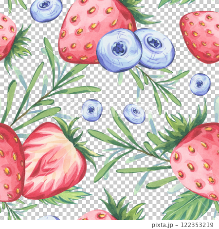 Seamless watercolor pattern featuring strawberries, blueberries, mint leaves and rosemary sprigs. Perfect for botanical inspired designs, fabric prints, eco-friendly packaging, refreshing summer decor 122353219