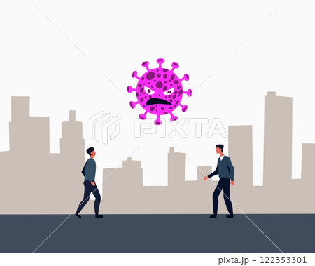 Illustration of two people walking in a city with a giant angry pink virus floating above, symbolizing a health threat or pandemic danger. Ideal for awareness concepts Illustration of two people walking in a city with a giant angry pink virus floating above, symbolizing a health threat or pandemic danger. Ideal for awareness concepts 122353301