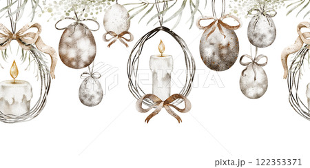 Easter egg and candle watercolor hanging seamless border. Perfect for holiday decor, textiles, or wrapping paper. Design for Easter-themed products and nursery wallpaper. 122353371