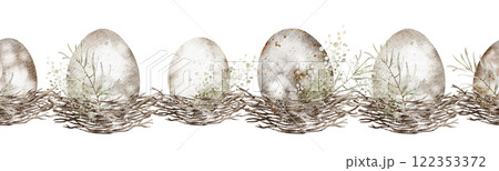 Easter egg watercolor seamless border. Hand drawn spring banner for holiday decor, textiles, or wrapping paper. Design for Easter-themed products and nursery wallpaper. 122353372