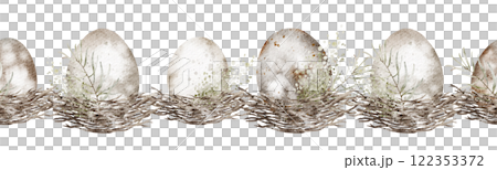 Easter egg watercolor seamless border. Hand drawn spring banner for holiday decor, textiles, or wrapping paper. Design for Easter-themed products and nursery wallpaper. 122353372