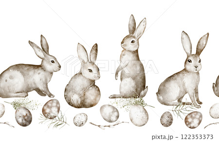 Watercolor seamless Border featuring cute bunnies and Easter rabbits. Perfect for children's decor, textiles, or wrapping paper. Design for Easter-themed products and nursery wallpaper. 122353373