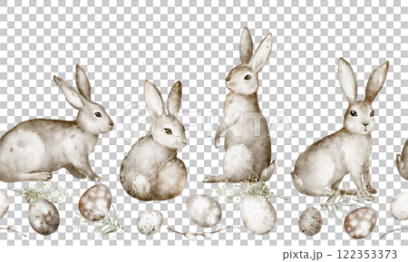 Watercolor seamless Border featuring cute bunnies and Easter rabbits. Perfect for children's decor, textiles, or wrapping paper. Design for Easter-themed products and nursery wallpaper. 122353373