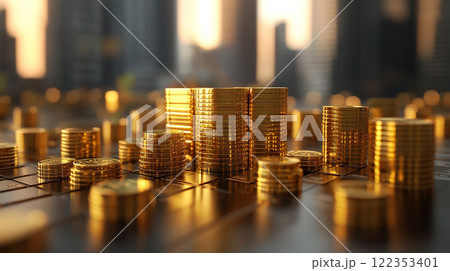 沢山の金のインゴットが並ぶ高級感ある背景	 122353401