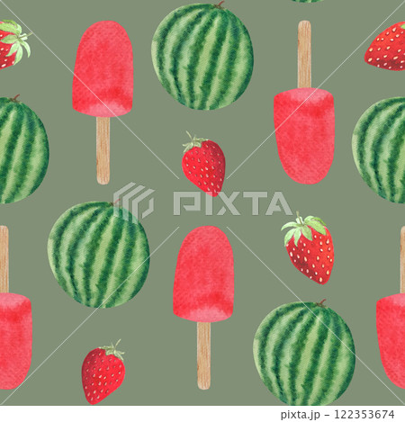Watermelon and strawberry ice-cream on a wooden stick. Watercolor seamless pattern on green background, hand drawn for food design. Packages, menu, wrapping paper, food textile, kitchen decor 122353674