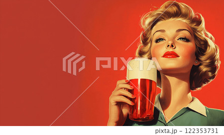 お酒を飲むレトロな女性のイラスト	 122353731