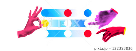 Banner. Creative art collage. Hands interact with sliders and buttons, suggesting adjustment of settings, process, or collaborative decision-making. 122353836