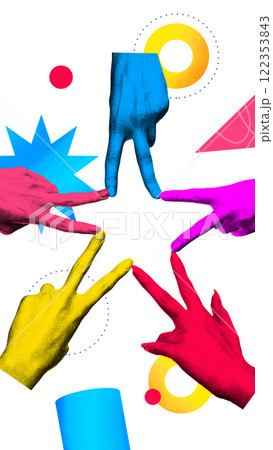 Contemporary art collage. vibrantly colored hands creating star shape, surrounded by abstract shapes, suggesting focused collaboration and success. Contemporary art collage. vibrantly colored hands creating star shape, surrounded by abstract shapes, suggesting focused collaboration and success. 122353843