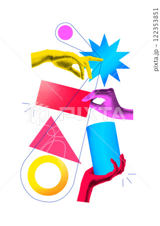 Contemporary art collage. Colorful hands engage with abstract shapes, star, triangle, circle, and cylinder, suggesting creative collaboration. Contemporary art collage. Colorful hands engage with abstract shapes, star, triangle, circle, and cylinder, suggesting creative collaboration. 122353851