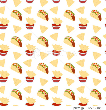 Mexican Taco meat filling and Nachos chips with salsa sauce in saucer Seamless Pattern. Mexican food 122353856