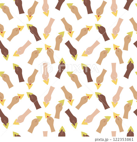 Mens and Womens Hands different nationalities hold spinach and corn nachos Abstract Seamless Pattern 122353861