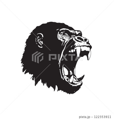 Silhouette vector of an aggressive gorilla face with an open mouth, showcasing raw power, intensity, and striking visual impact in bold black-and-white. Wildlife Animals. 122353911