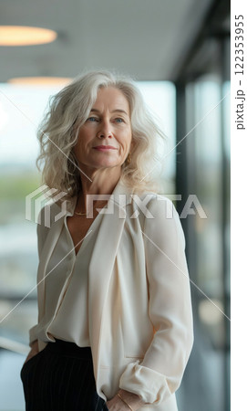 Elegant senior female ceo stands with conviction, charting the company's strategic course in a modern office setting 122353955