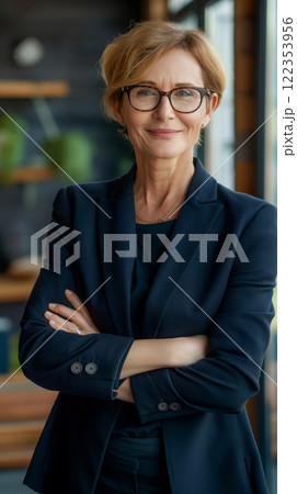 Poised senior woman with glasses, exuding confidence and leadership, stands arms crossed in a modern office environment 122353956