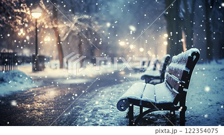 Tranquil scene of empty benches dusted with...のイラスト素材 [122354075] - PIXTA