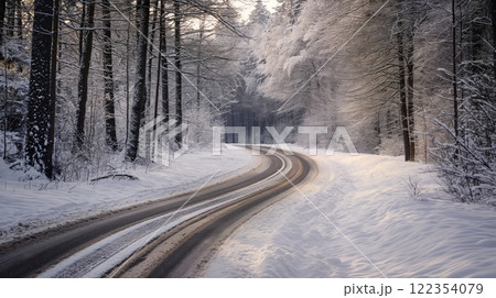 Tranquil winter wonderland road through serene, snow-covered forest with winding, picturesque path and untouched snow, perfect for a quiet solitude road trip in the cold, remote wilderness 122354079