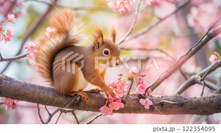 Cute furry brown squirrel perched on a tree branch enjoying the peaceful and serene springtime environment surrounded by vibrant pink cherry blossoms 122354095