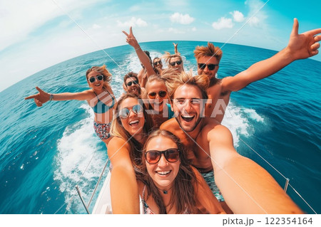 Group of ecstatic young friends partying on a boat deck with the ocean in the background and a clear blue sky overhead 122354164