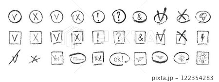 Hand drawn grunge texture tick, mark, checkboxes, correct or wrong symbols set. Chalk or crayon effect vector elements isolated on white background for underline in business presentation, checklist Hand drawn grunge texture tick, mark, checkboxes, correct or wrong symbols set. Chalk or crayon effect vector elements isolated on white background for underline in business presentation, checklist 122354283