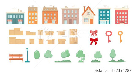Home moving to the new house set. Vector illustration for design template real estate agency to buy, sale new apartment, insurance or construction company, investment project architecture building EPS Home moving to the new house set. Vector illustration for design template real estate agency to buy, sale new apartment, insurance or construction company, investment project architecture building EPS 122354288