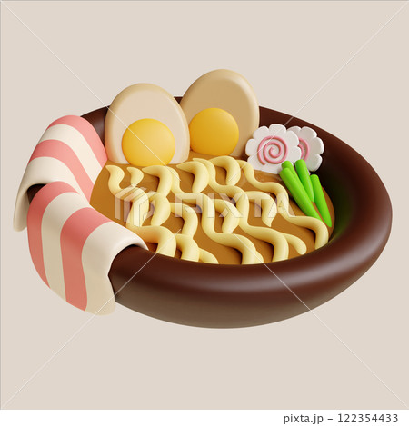 Delicious bowl of ramen with soft eggs, vegetables, and toppings 3D render illustration 122354433
