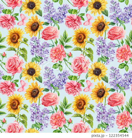 seamless pattern. Lilac, sunflowers, pink roses, hand-painted watercolor flowers, Vintage rustic botanical design fabric 122354544