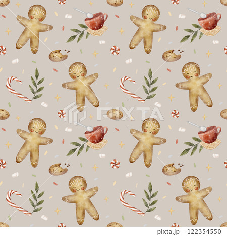 Watercolor pattern gingerbread man, candies, lollipops, oatmeal cookies. Illustration in children's New Year style. Christmas print on mocha background for textiles, fabrics, packaging, clothes, Watercolor pattern gingerbread man, candies, lollipops, oatmeal cookies. Illustration in children's New Year style. Christmas print on mocha background for textiles, fabrics, packaging, clothes, 122354550