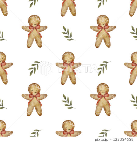 Watercolor seamless pattern New Year's gingerbread man in a bow among green leaves. Christmas illustration is hand drawn on a white background for textiles, fabrics, packaging, clothes, printing, card 122354559