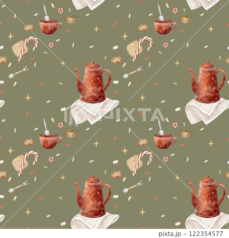 Watercolor pattern cup, teapot around cookies and candies. Christmas illustration on green background. Seamless holiday print for textiles, fabrics, packaging, clothes, print, postcard Watercolor pattern cup, teapot around cookies and candies. Christmas illustration on green background. Seamless holiday print for textiles, fabrics, packaging, clothes, print, postcard 122354577