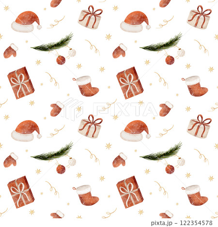 Watercolor pattern Santa Claus hat, stocking, mitten, New Year gifts. Christmas illustration on a white background. Seamless print for textiles, fabrics, packaging, clothes, printing, cards 122354578