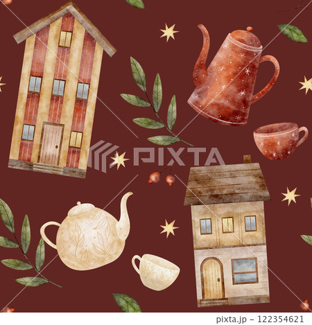 Watercolor Seamless pattern houses, teapot, cup, leaves. Illustration on a burgundy background. Holiday print for textiles, fabrics, packaging, clothes, printing, cards Watercolor Seamless pattern houses, teapot, cup, leaves. Illustration on a burgundy background. Holiday print for textiles, fabrics, packaging, clothes, printing, cards 122354621