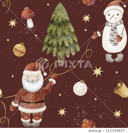 Watercolor Seamless pattern Santa, snowman, Christmas tree. Illustration splashes on burgundy background. New Year print for textiles, fabrics, packaging, clothes, printing, cards 122354637