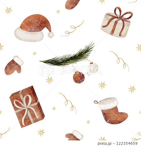 Watercolor seamless pattern New Year. Christmas illustration Santa's hat, stocking, mitten, gifts hand drawn on white background for textiles, fabrics, packaging, clothes, printing, cards Watercolor seamless pattern New Year. Christmas illustration Santa's hat, stocking, mitten, gifts hand drawn on white background for textiles, fabrics, packaging, clothes, printing, cards 122354659