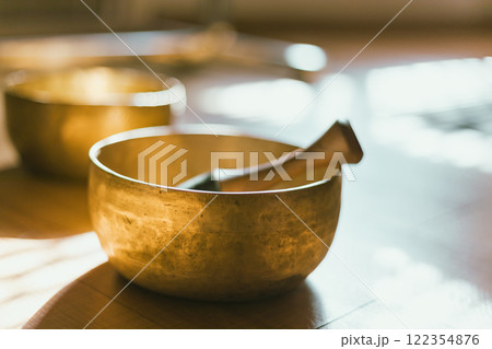 Close up Tibetan singing copper bowl 122354876