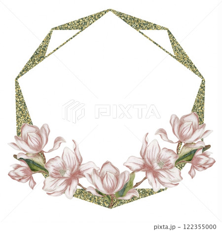 Watercolor magnolia floral wreath design with sparkling accents and delicate pink blooms Watercolor magnolia floral wreath design with sparkling accents and delicate pink blooms 122355000