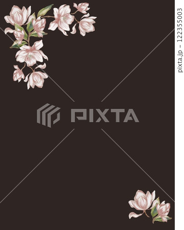 Watercolor magnolia blossoms against a dark background creating a serene floral display 122355003