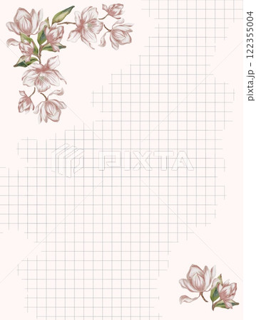 Delicate magnolia blossoms painted with watercolor on a grid-patterned background Delicate magnolia blossoms painted with watercolor on a grid-patterned background 122355004