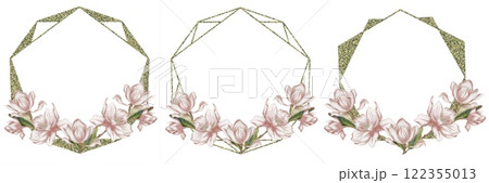 Delicate magnolia watercolor floral design with geometric shapes for elegant decor Delicate magnolia watercolor floral design with geometric shapes for elegant decor 122355013