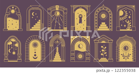 Boho arch frame. Door frame abstract ornate art deco geometric archway, vintage minimal bohemian arched linear design, trendy door way architecture frames. Vector collection Boho arch frame. Door frame abstract ornate art deco geometric archway, vintage minimal bohemian arched linear design, trendy door way architecture frames. Vector collection 122355038