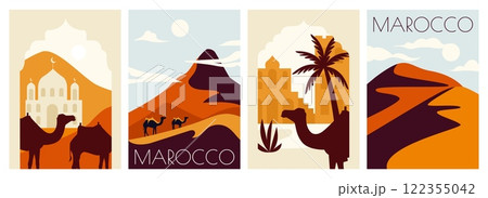 Morocco poster. Marrakesh desert vertical flyers, morrocan arabic traditional ornament, islamic country sightseeing, Morocco tourism guide, muslim postcard design. Vector set Morocco poster. Marrakesh desert vertical flyers, morrocan arabic traditional ornament, islamic country sightseeing, Morocco tourism guide, muslim postcard design. Vector set 122355042