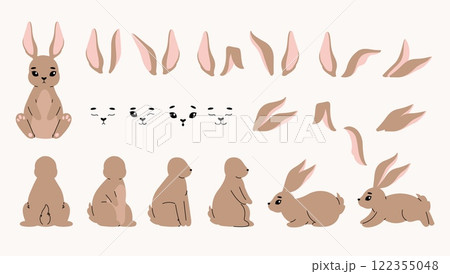 Cartoon bunny elements. Cute rabbit face ears tail paw, rabbits spring easter holiday decoration, flat kids bunnies stickers scrapbooking concept. Vector isolated rabbit set Cartoon bunny elements. Cute rabbit face ears tail paw, rabbits spring easter holiday decoration, flat kids bunnies stickers scrapbooking concept. Vector isolated rabbit set 122355048