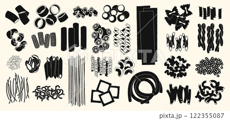 Pasta types sketch. Italian macaroni hand drawn graphic, penne tortellini conchiglie farfalle rotini fettuccine fusilli vintage pasta stamp for menu. Vector woodcut set 122355087