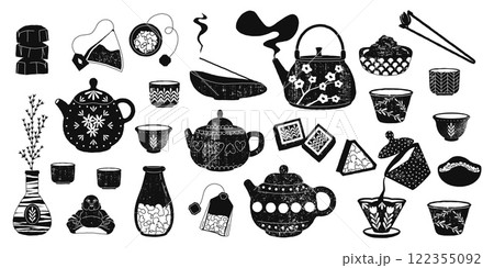 Black ink tea sketch. Hand drawn traditional tea ceremony menu elements, chinese japanese asian teapot cup kettle tray scoop. Vector isolated set 122355092