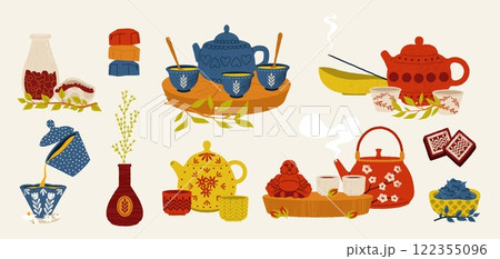 Chinese tea tradition. Tea ceremony with oriental traditional attributes, chinese culture tea time with teapot mug towel incense. Vector illustration Chinese tea tradition. Tea ceremony with oriental traditional attributes, chinese culture tea time with teapot mug towel incense. Vector illustration 122355096