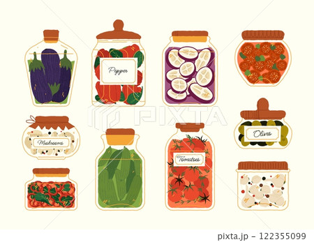 Pickled vegetables. Canned preserves organic food in glass jars, homemade preserved food of cucumbers tomatoes mushrooms spices, vegetarian cuisine. Vector cartoon set 122355099