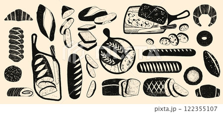 Bread silhouette. Black bakery bread icons, baked loaf baguette roll pretzel croissant bun, pastry sketch elements for bakery menu design. Vector bread isolated set 122355107