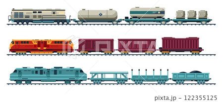Goods train. Railroad freight locomotive with platforms, train cargo containers railway transportation goods, railway wagons for shipment and delivery. Vector isolated set 122355125