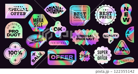 Holographic emblems. Iridescent hologram stickers and stamps and holography badges for product label design, shiny rainbow metal tag gradient geometric shapes. Vector set Holographic emblems. Iridescent hologram stickers and stamps and holography badges for product label design, shiny rainbow metal tag gradient geometric shapes. Vector set 122355142