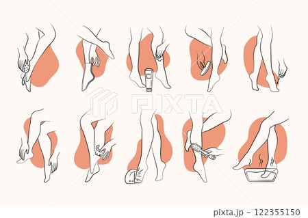 Foot care. Woman feet and leg skin care, bare foot pedicure and feet massage procedure. Female barefoot in spa salon, footheel sole toe moisturizing. Vector collection Foot care. Woman feet and leg skin care, bare foot pedicure and feet massage procedure. Female barefoot in spa salon, footheel sole toe moisturizing. Vector collection 122355150
